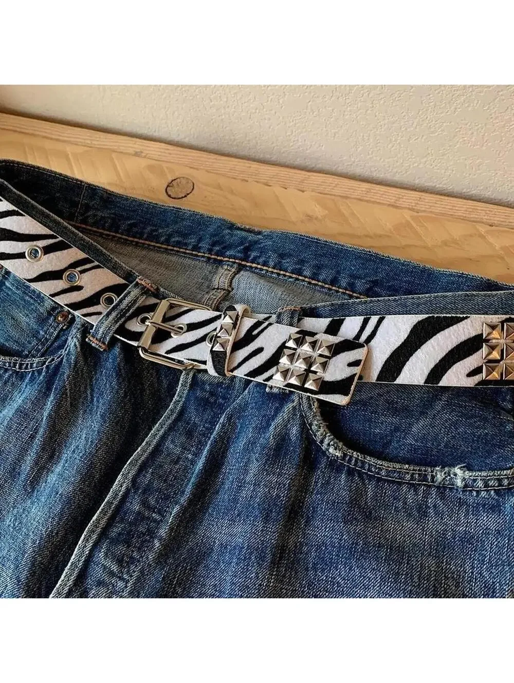 Y2K Cyber 2000s Style Zebra White Fur Studded Silver Belt